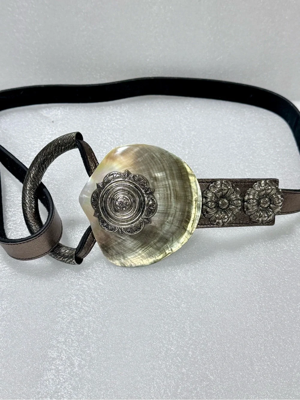 Vintage Artisan  Belt with Genuine Shell Buckle & Silver Metal Floral Conchos
